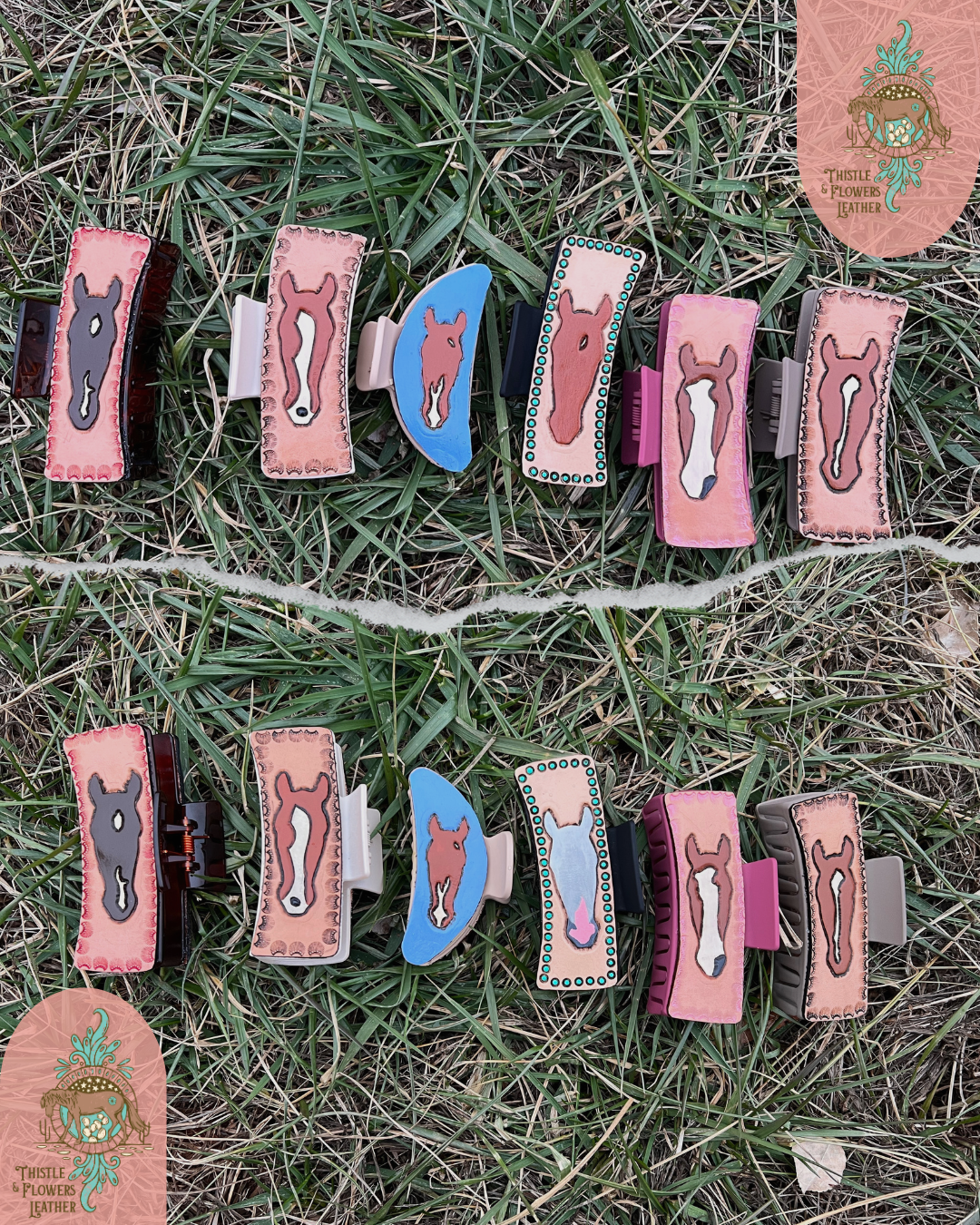 Custom horse hair clips laying in grass. Top half of photo has clips all facing one direction, with bottom half showing the same clips facing another direction.