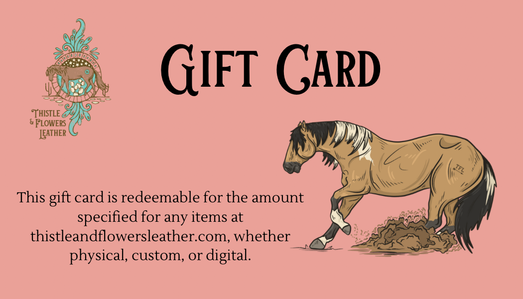 Pink gift card with text describing what gift cards can be used for. Logo in top left corner, and one of our exclusive horse designs on the left