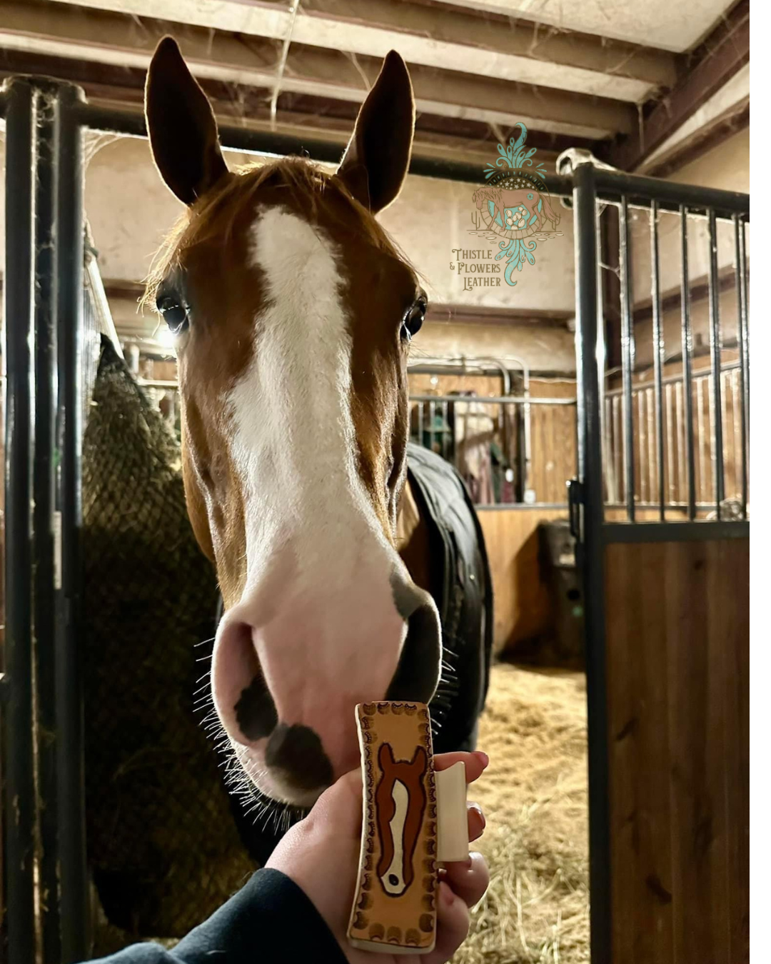 A custom horse hair clip with the horse it was ordered for. Logo in top right of photo.