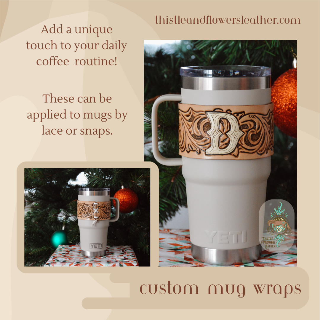 Collage graphic explaining the closure options of the mug - lace or snaps. Photos are of the off white tumbler mug with a letter &quot;D&quot; initial and tooling detail. One photo shows the lace up closure.