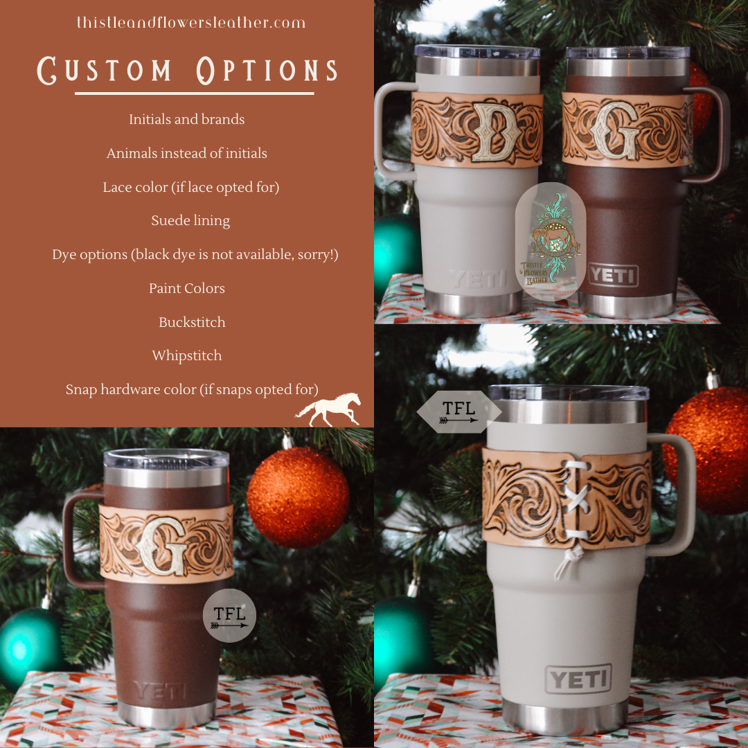 This collage outlines the custom options available, like initials/brands, animals,lace colors,suede lining, dye colors, buckstitch/whipstitch, and snap hardware cover. Photos are of 2 tumbler mugs, and the closure of off-white mug.