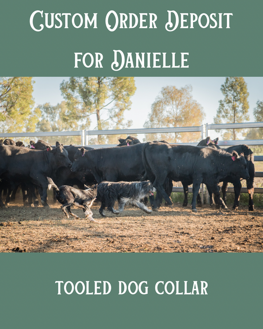 Stock photo of border collies working cattle with text description saying it is a custom order deposit for Danielle, and underneath the photo it says tooled dog collars