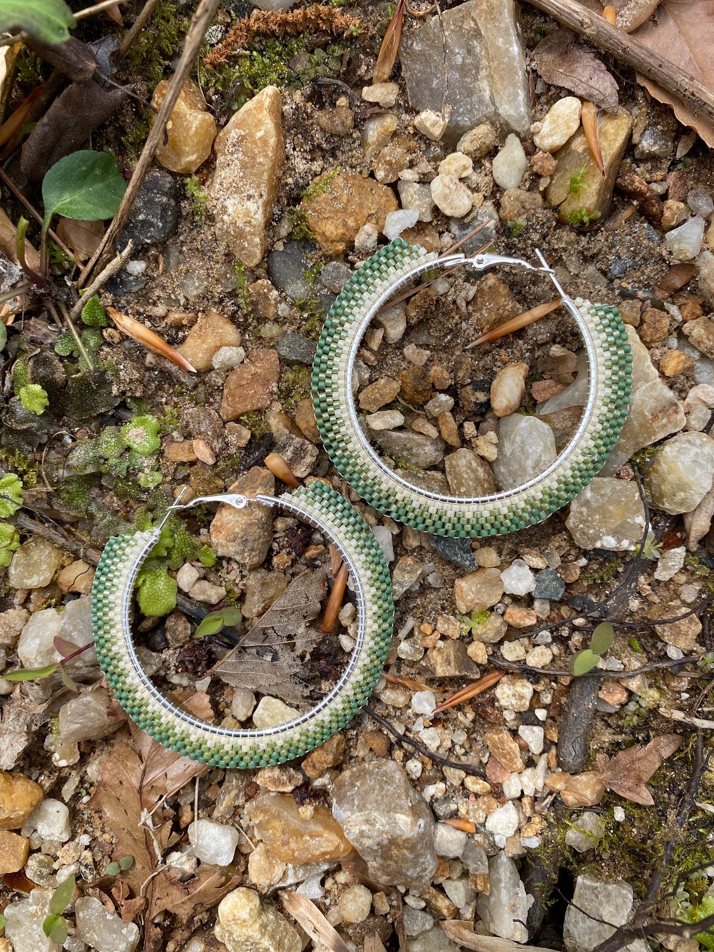 Beaded hoop earrings witha green ombre effect. Silver colored hoop earring base. Cream colored beads are closest to the hoop base, with medium green in the middle of the rows of beads, with the darkest green on the edges of the earring. Hoops are laying on small pebbles.